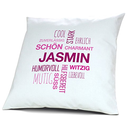 printplanet Kopfkissen mit Namen Jasmin - Motiv Positive Eigenschaften Tagcloud Pink, 40 cm, 100% Baumwolle, Kuschelkissen, Liebeskissen, Namenskissen, Geschenkidee von printplanet