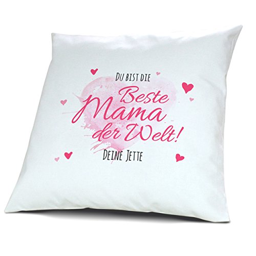 printplanet Kopfkissen mit Namen Jette - Motiv Du bist die Beste Mama der Welt, 40 cm, 100% Baumwolle, Kuschelkissen, Liebeskissen, Namenskissen, Geschenkidee von printplanet