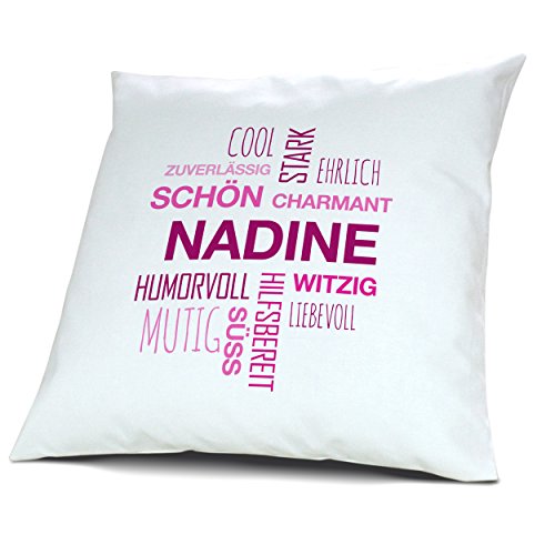 printplanet Kopfkissen mit Namen Nadine - Motiv Positive Eigenschaften Tagcloud Pink, 40 cm, 100% Baumwolle, Kuschelkissen, Liebeskissen, Namenskissen, Geschenkidee von printplanet