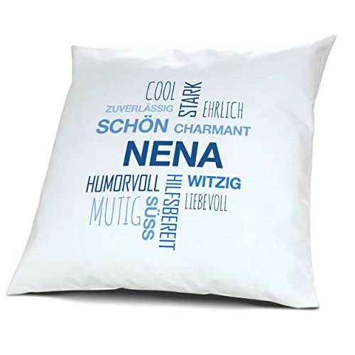 printplanet Kopfkissen mit Namen Nena - Motiv Positive Eigenschaften Tagcloud Blau, 40 cm, 100% Baumwolle, Kuschelkissen, Liebeskissen, Namenskissen, Geschenkidee von printplanet