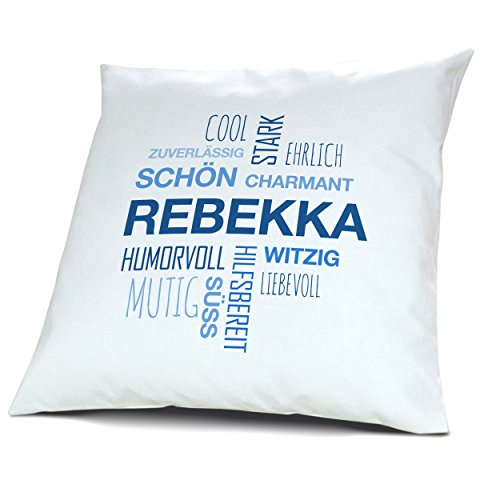 printplanet Kopfkissen mit Namen Rebekka - Motiv Positive Eigenschaften Tagcloud Blau, 40 cm, 100% Baumwolle, Kuschelkissen, Liebeskissen, Namenskissen, Geschenkidee von printplanet