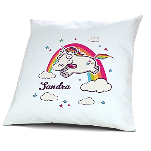 printplanet Kopfkissen mit Namen Sandra - Motiv Verrücktes Einhorn, 40 cm, 100% Baumwolle, Kuschelkissen, Liebeskissen, Namenskissen, Geschenkidee von printplanet