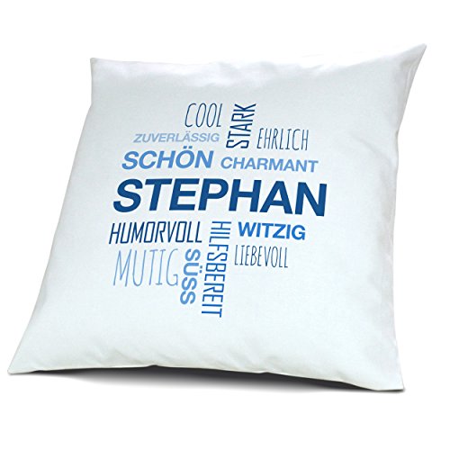 printplanet Kopfkissen mit Namen Stephan - Motiv Positive Eigenschaften Tagcloud Blau, 40 cm, 100% Baumwolle, Kuschelkissen, Liebeskissen, Namenskissen, Geschenkidee von printplanet