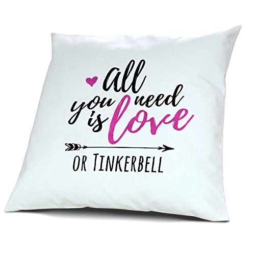 printplanet Kopfkissen mit Namen Tinkerbell - Motiv All You Need is Love or, 40 cm, 100% Baumwolle, Kuschelkissen, Liebeskissen, Namenskissen, Geschenkidee von printplanet