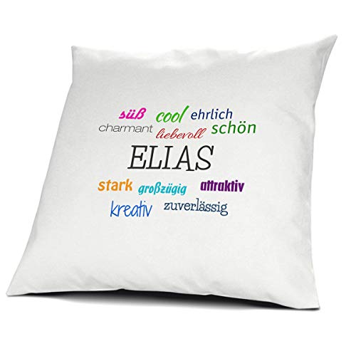 printplanet Kopfkissen mit dem Namen Elias, Kissen mit Füllung - Positive Eigenschaften, 40 cm, 100% Baumwolle, Kuschelkissen, Liebeskissen, Namenskissen, Geschenkidee von printplanet