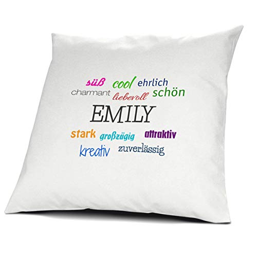 printplanet Kopfkissen mit dem Namen Emily, Kissen mit Füllung - Positive Eigenschaften, 40 cm, 100% Baumwolle, Kuschelkissen, Liebeskissen, Namenskissen, Geschenkidee von printplanet