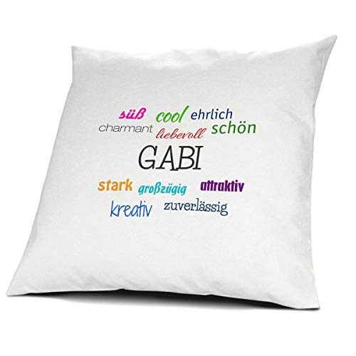 printplanet Kopfkissen mit dem Namen Gabi, Kissen mit Füllung - Positive Eigenschaften, 40 cm, 100% Baumwolle, Kuschelkissen, Liebeskissen, Namenskissen, Geschenkidee von printplanet