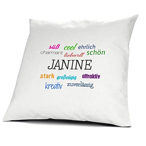 printplanet Kopfkissen mit dem Namen Janine, Kissen mit Füllung - Positive Eigenschaften, 40 cm, 100% Baumwolle, Kuschelkissen, Liebeskissen, Namenskissen, Geschenkidee von printplanet