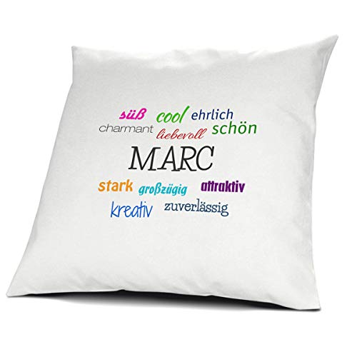 printplanet Kopfkissen mit dem Namen Marc, Kissen mit Füllung - Positive Eigenschaften, 40 cm, 100% Baumwolle, Kuschelkissen, Liebeskissen, Namenskissen, Geschenkidee von printplanet