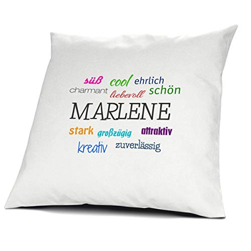 printplanet Kopfkissen mit dem Namen Marlene, Kissen mit Füllung - Positive Eigenschaften, 40 cm, 100% Baumwolle, Kuschelkissen, Liebeskissen, Namenskissen, Geschenkidee von printplanet