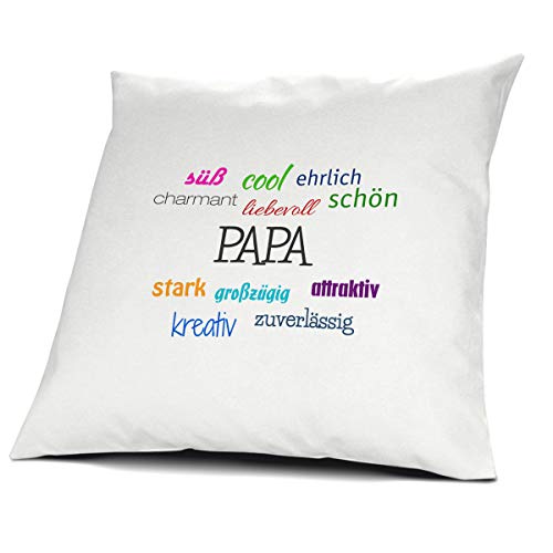 printplanet Kopfkissen mit dem Namen Papa, Kissen mit Füllung - Positive Eigenschaften, 40 cm, 100% Baumwolle, Kuschelkissen, Liebeskissen, Namenskissen, Geschenkidee von printplanet