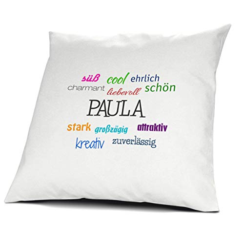printplanet Kopfkissen mit dem Namen Paula, Kissen mit Füllung - Positive Eigenschaften, 40 cm, 100% Baumwolle, Kuschelkissen, Liebeskissen, Namenskissen, Geschenkidee von printplanet
