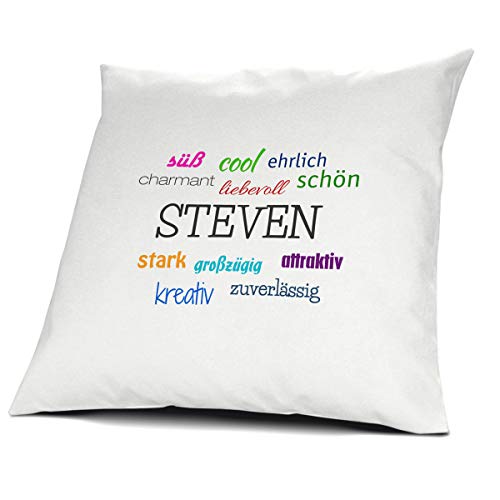 printplanet Kopfkissen mit dem Namen Steven, Kissen mit Füllung - Positive Eigenschaften, 40 cm, 100% Baumwolle, Kuschelkissen, Liebeskissen, Namenskissen, Geschenkidee von printplanet