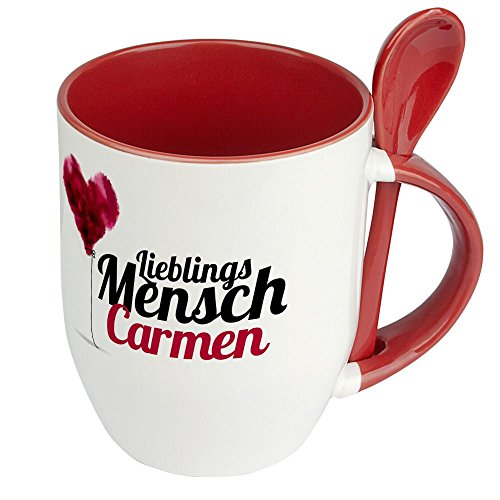 printplanet Löffeltasse mit Namen Carmen - Motiv Lieblingsmensch - Namenstasse, Kaffeebecher, Mug, Becher, Kaffeetasse - Farbe Rot von printplanet