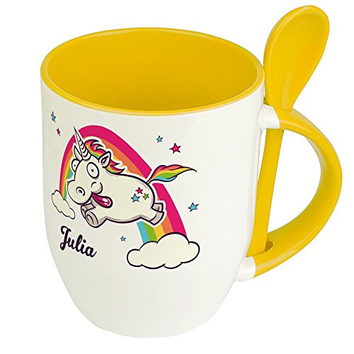 printplanet Löffeltasse mit Namen Julia - Motiv Verrücktes Einhorn - Namenstasse, Kaffeebecher, Mug, Becher, Kaffeetasse - Farbe Gelb von printplanet