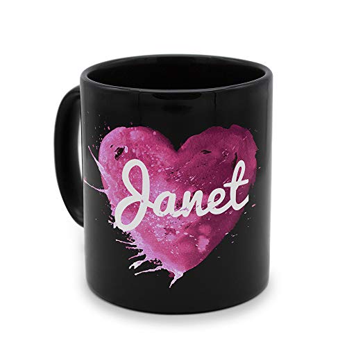 printplanet - Tasse Schwarz mit Namen Janet - Motiv: Painted Heart - Namenstasse, Kaffeebecher, Mug, Becher, Kaffeetasse von printplanet