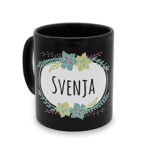 printplanet - Tasse Schwarz mit Namen Svenja - Motiv: Flowers - Namenstasse, Kaffeebecher, Mug, Becher, Kaffeetasse von printplanet