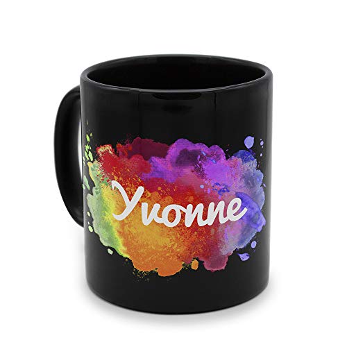 printplanet - Tasse Schwarz mit Namen Yvonne - Motiv: Color Paint - Namenstasse, Kaffeebecher, Mug, Becher, Kaffeetasse von printplanet
