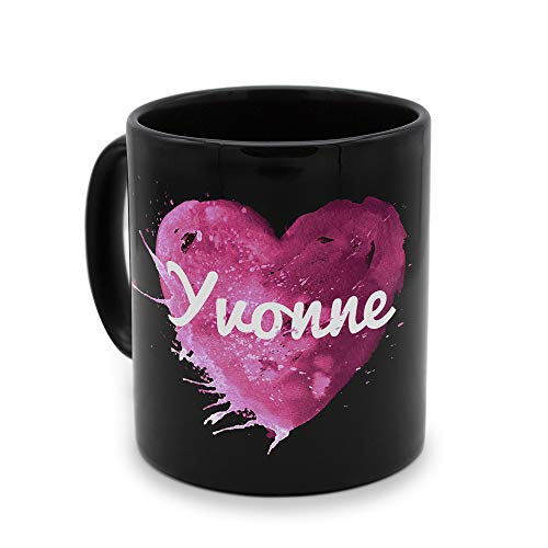 printplanet - Tasse Schwarz mit Namen Yvonne - Motiv: Painted Heart - Namenstasse, Kaffeebecher, Mug, Becher, Kaffeetasse von printplanet