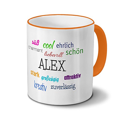 printplanet Tasse mit Namen Alex - Positive Eigenschaften von Alex - Namenstasse, Kaffeebecher, Mug, Becher, Kaffeetasse - Farbe Orange von printplanet