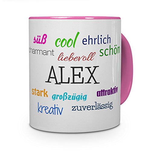 printplanet Tasse mit Namen Alex - Positive Eigenschaften von Alex - Namenstasse, Kaffeebecher, Mug, Becher, Kaffeetasse - Farbe Rosa von printplanet