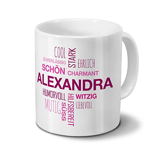printplanet Tasse mit Namen Alexandra Positive Eigenschaften Tagcloud - Pink - Namenstasse, Kaffeebecher, Mug, Becher, Kaffeetasse von printplanet