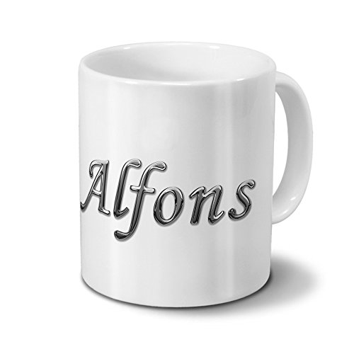 printplanet Tasse mit Namen Alfons - Motiv Chrom-Schriftzug - Namenstasse, Kaffeebecher, Mug, Becher, Kaffeetasse - Farbe Weiß von printplanet