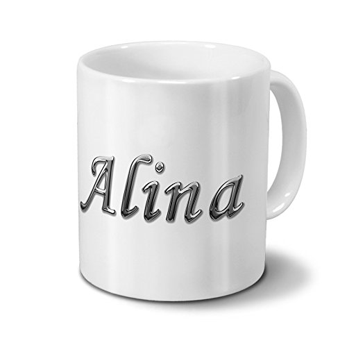 printplanet Tasse mit Namen Alina - Motiv Chrom-Schriftzug - Namenstasse, Kaffeebecher, Mug, Becher, Kaffeetasse - Farbe Weiß von printplanet