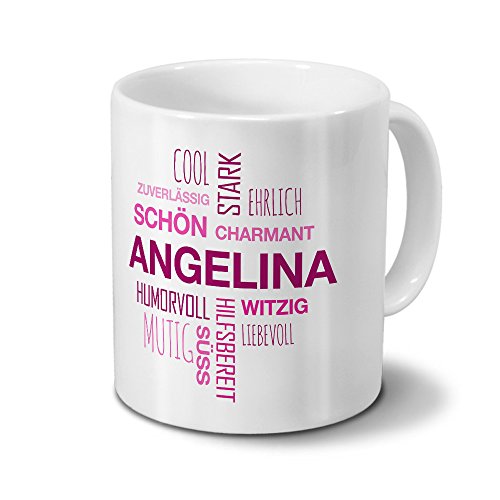 printplanet Tasse mit Namen Angelina Positive Eigenschaften Tagcloud - Pink - Namenstasse, Kaffeebecher, Mug, Becher, Kaffeetasse von printplanet
