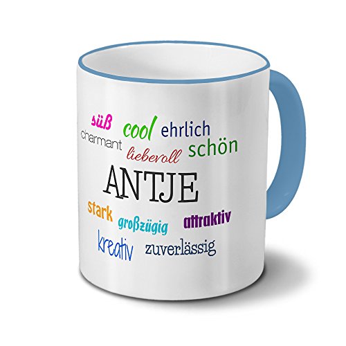 printplanet Tasse mit Namen Antje - Positive Eigenschaften von Antje - Namenstasse, Kaffeebecher, Mug, Becher, Kaffeetasse - Farbe Hellblau von printplanet