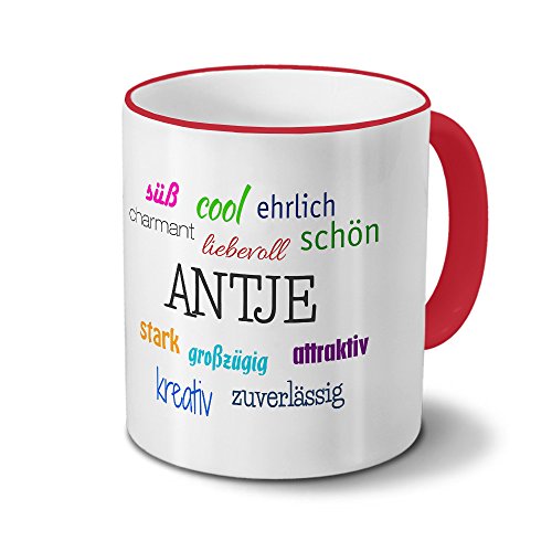 printplanet Tasse mit Namen Antje - Positive Eigenschaften von Antje - Namenstasse, Kaffeebecher, Mug, Becher, Kaffeetasse - Farbe Rot von printplanet