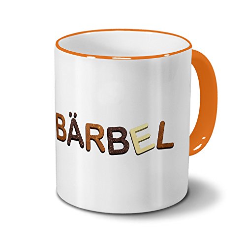 printplanet Tasse mit Namen Bärbel - Motiv Schokoladenbuchstaben - Namenstasse, Kaffeebecher, Mug, Becher, Kaffeetasse - Farbe Orange von printplanet