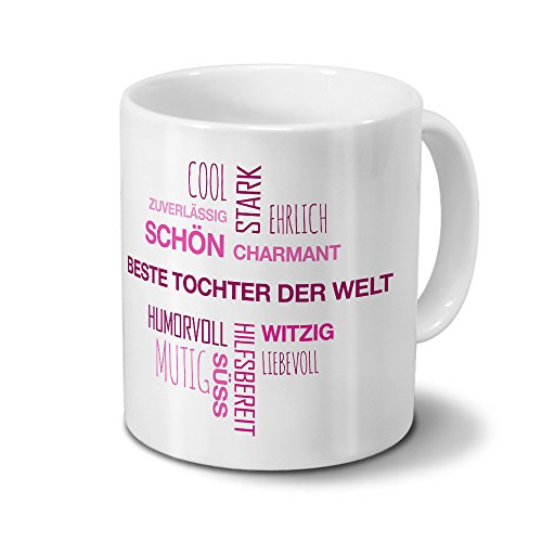 printplanet Tasse mit Namen Beste Tochter der Welt Positive Eigenschaften Tagcloud - Pink - Namenstasse, Kaffeebecher, Mug, Becher, Kaffeetasse von printplanet