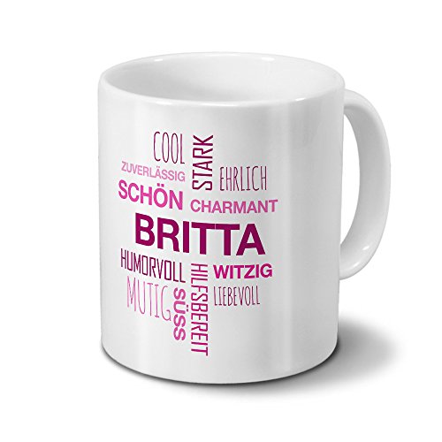 printplanet Tasse mit Namen Britta Positive Eigenschaften Tagcloud - Pink - Namenstasse, Kaffeebecher, Mug, Becher, Kaffeetasse von printplanet