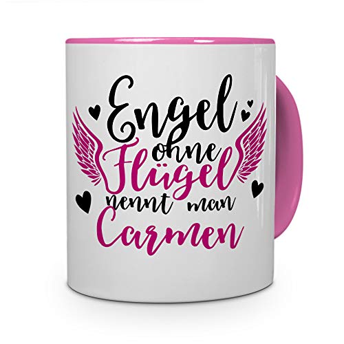 printplanet Tasse mit Namen Carmen - Motiv Engel - Namenstasse, Kaffeebecher, Mug, Becher, Kaffeetasse - Farbe Rosa von printplanet