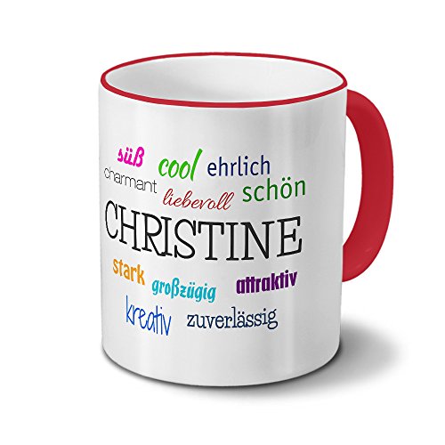 printplanet Tasse mit Namen Christine - Positive Eigenschaften von Christine - Namenstasse, Kaffeebecher, Mug, Becher, Kaffeetasse - Farbe Rot von printplanet