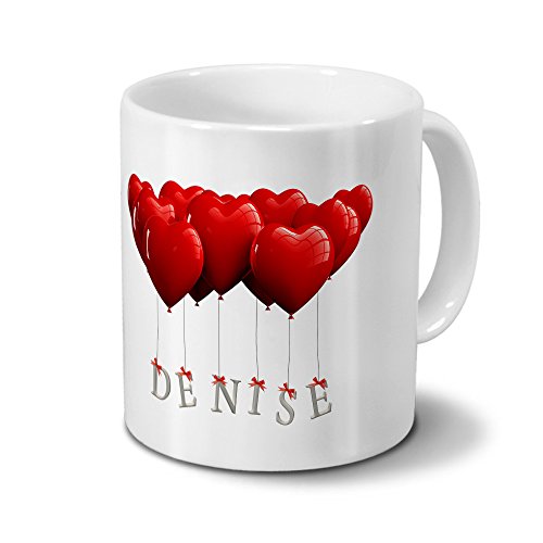 printplanet Tasse mit Namen Denise - Motiv Herzballons - Namenstasse, Kaffeebecher, Mug, Becher, Kaffeetasse - Farbe Weiß von printplanet