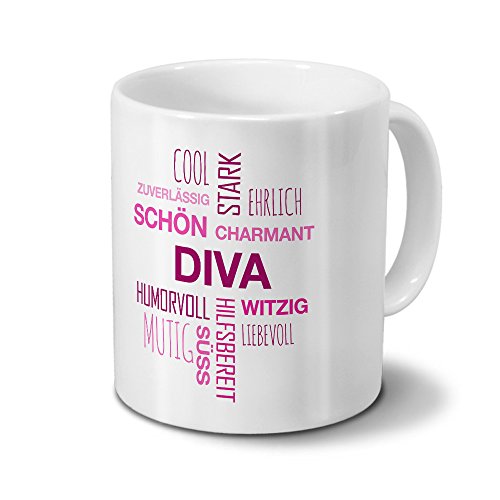 printplanet Tasse mit Namen Diva Positive Eigenschaften Tagcloud - Pink - Namenstasse, Kaffeebecher, Mug, Becher, Kaffeetasse von printplanet