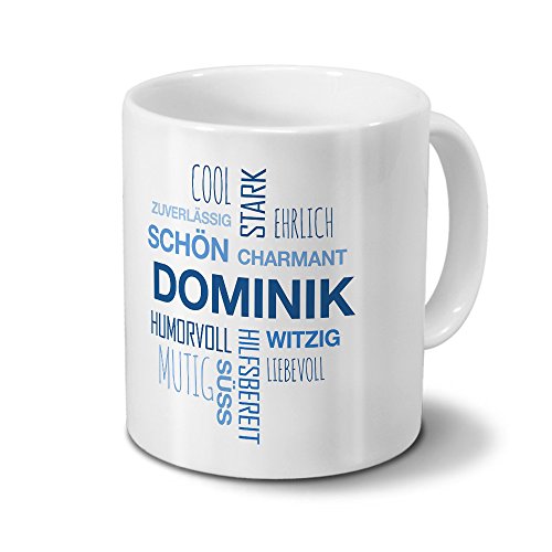 printplanet Tasse mit Namen Dominik Positive Eigenschaften Tagcloud - Blau - Namenstasse, Kaffeebecher, Mug, Becher, Kaffeetasse von printplanet