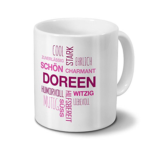 printplanet Tasse mit Namen Doreen Positive Eigenschaften Tagcloud - Pink - Namenstasse, Kaffeebecher, Mug, Becher, Kaffeetasse von printplanet