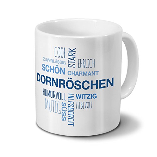 printplanet Tasse mit Namen Dornröschen Positive Eigenschaften Tagcloud - Blau - Namenstasse, Kaffeebecher, Mug, Becher, Kaffeetasse von printplanet