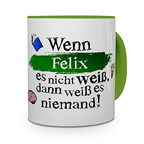 printplanet Tasse mit Namen Felix - Layout: Wenn Felix es Nicht weiß, dann weiß es niemand - Namenstasse, Kaffeebecher, Mug, Becher, Kaffee-Tasse - Farbe Grün printplanet Tasse mit Namen Felix - Layout: Wenn Felix es Nicht weiß, dann weiß es niemand - Namenstasse, Kaffeebecher, Mug, Becher, Kaffee-Tasse - Farbe Grün von printplanet