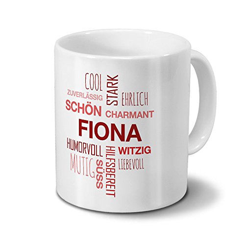 printplanet Tasse mit Namen Fiona Positive Eigenschaften Tagcloud - Rot - Namenstasse, Kaffeebecher, Mug, Becher, Kaffeetasse von printplanet