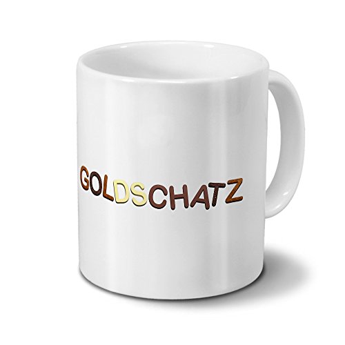 printplanet Tasse mit Namen Goldschatz - Motiv Schokoladenbuchstaben - Namenstasse, Kaffeebecher, Mug, Becher, Kaffeetasse - Farbe Weiß von printplanet