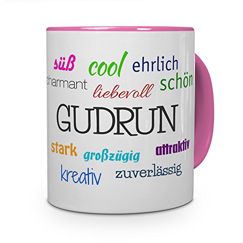 printplanet Tasse mit Namen Gudrun - Positive Eigenschaften von Gudrun - Namenstasse, Kaffeebecher, Mug, Becher, Kaffeetasse - Farbe Rosa von printplanet