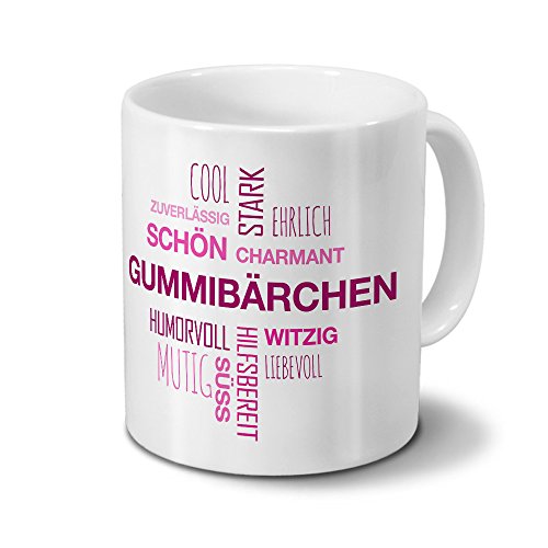 printplanet Tasse mit Namen Gummibärchen Positive Eigenschaften Tagcloud - Pink - Namenstasse, Kaffeebecher, Mug, Becher, Kaffeetasse von printplanet