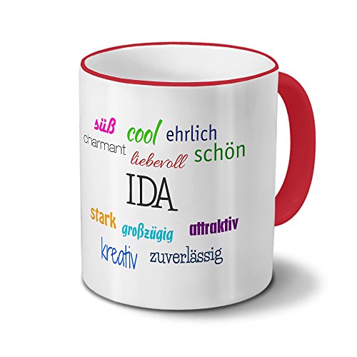 printplanet Tasse mit Namen Ida - Positive Eigenschaften von Ida - Namenstasse, Kaffeebecher, Mug, Becher, Kaffeetasse - Farbe Rot von printplanet