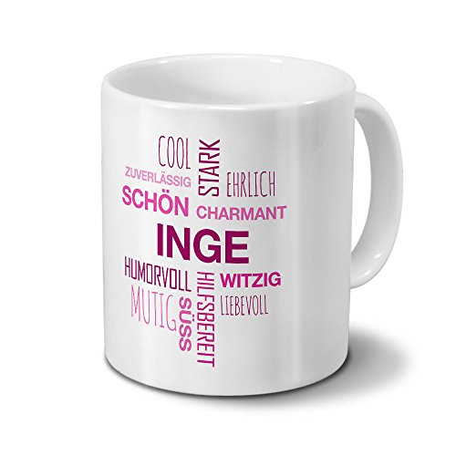 printplanet Tasse mit Namen Inge Positive Eigenschaften Tagcloud - Pink - Namenstasse, Kaffeebecher, Mug, Becher, Kaffeetasse von printplanet