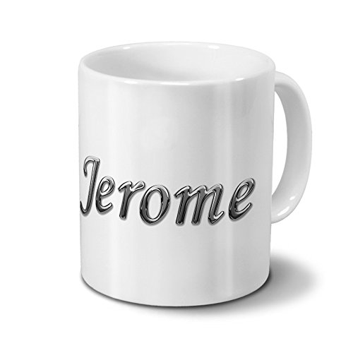 printplanet Tasse mit Namen Jerome - Motiv Chrom-Schriftzug - Namenstasse, Kaffeebecher, Mug, Becher, Kaffeetasse - Farbe Weiß von printplanet