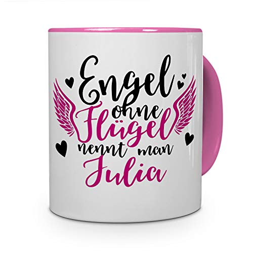 printplanet Tasse mit Namen Julia - Motiv Engel - Namenstasse, Kaffeebecher, Mug, Becher, Kaffeetasse - Farbe Rosa von printplanet